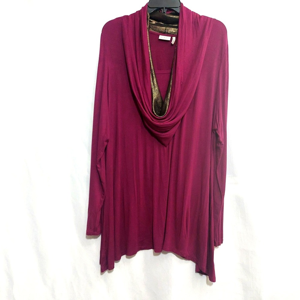 LOGO by Lori Goldstein Women XL Draped Cowl Neck Tunic Contrasting Metallic Neck